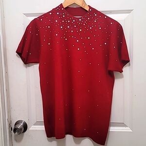 VTG Peter Popovitch Sequin Mock Neck Knit Top Women's M Red Short Sleeve 80s Y2k